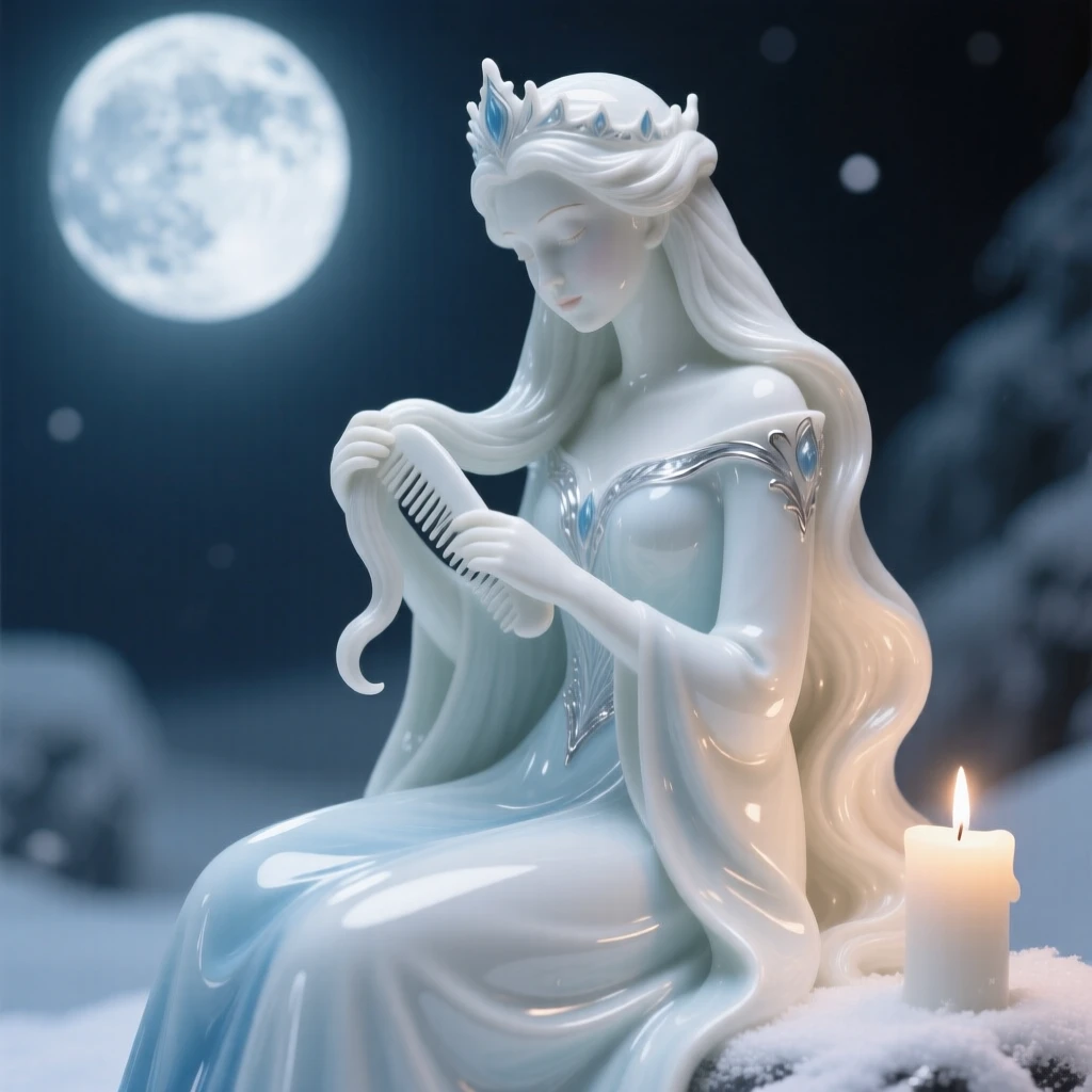 A storybook depiction of the Snow Queen combing her long hair by moonlight, softly lit as if illuminated by a single candle.