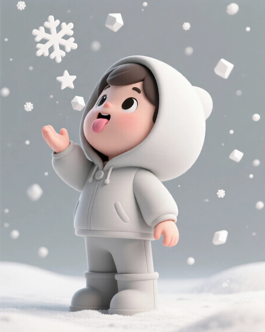 A curious child tilts their head back to catch snowflakes on their tongue during the season's first snowfall.