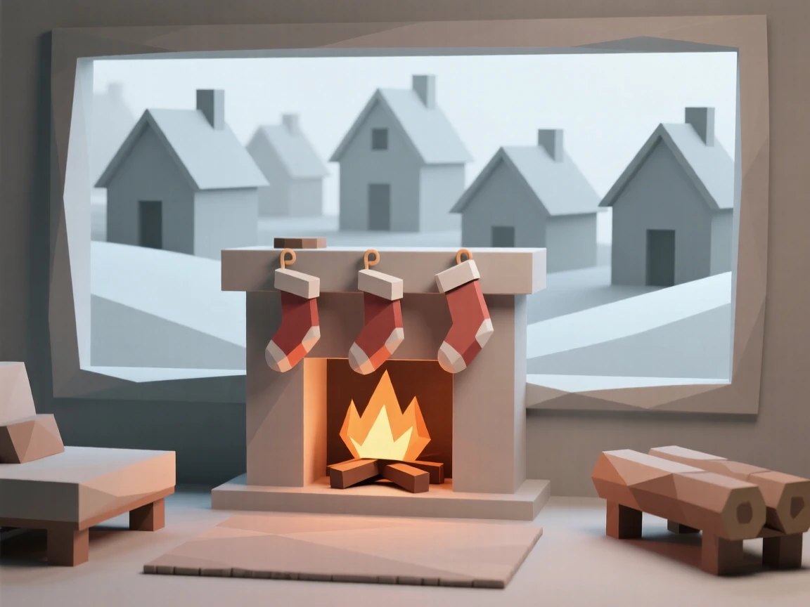 A cozy fireplace scene with stockings hung above, as morning mist clears over a festive village. the composition centers on the main celebratory focal point. The scene feels warm and celebratory.