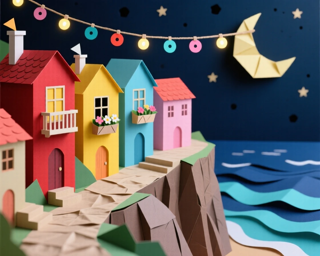A cliffside town overlooking the sea illuminated by string lights after dark, with colorful buildings lining the path, capturing a sense of discovery and adventure.