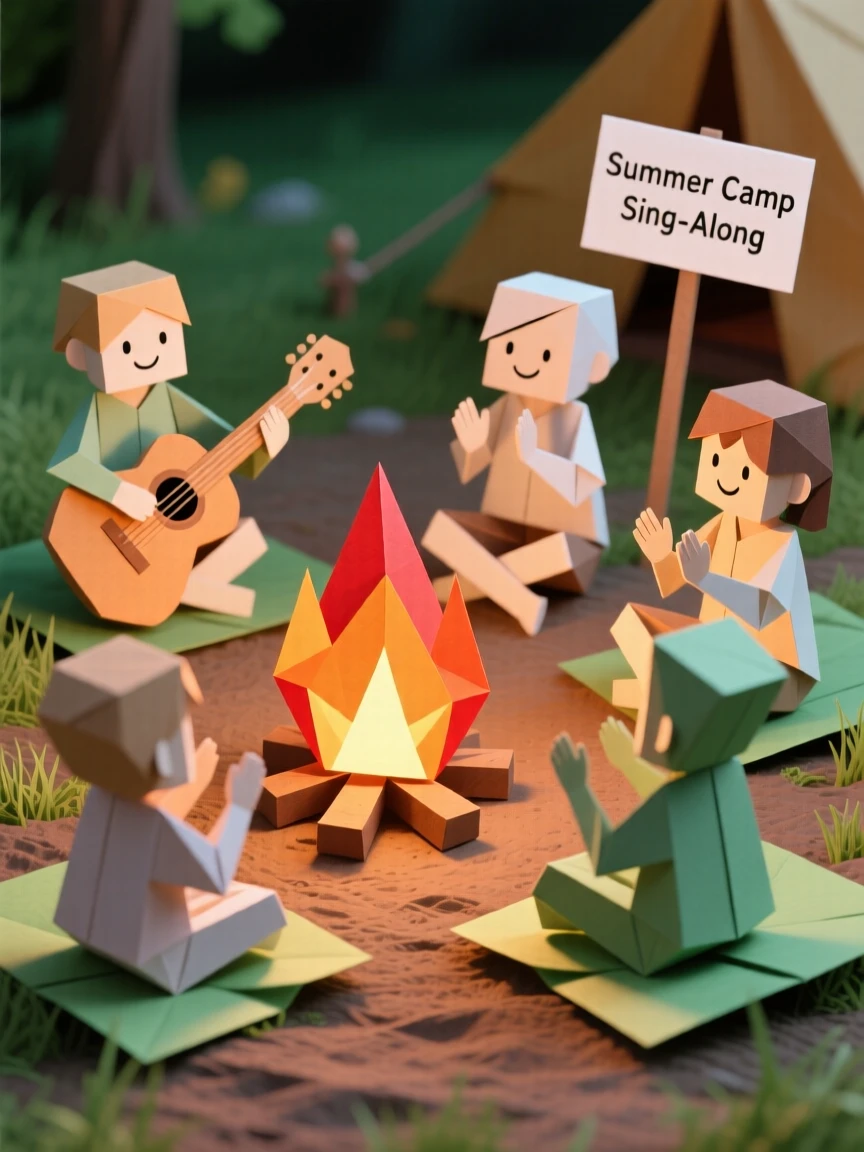 A summer camp campfire sing-along scene with children clapping along to a guitar.