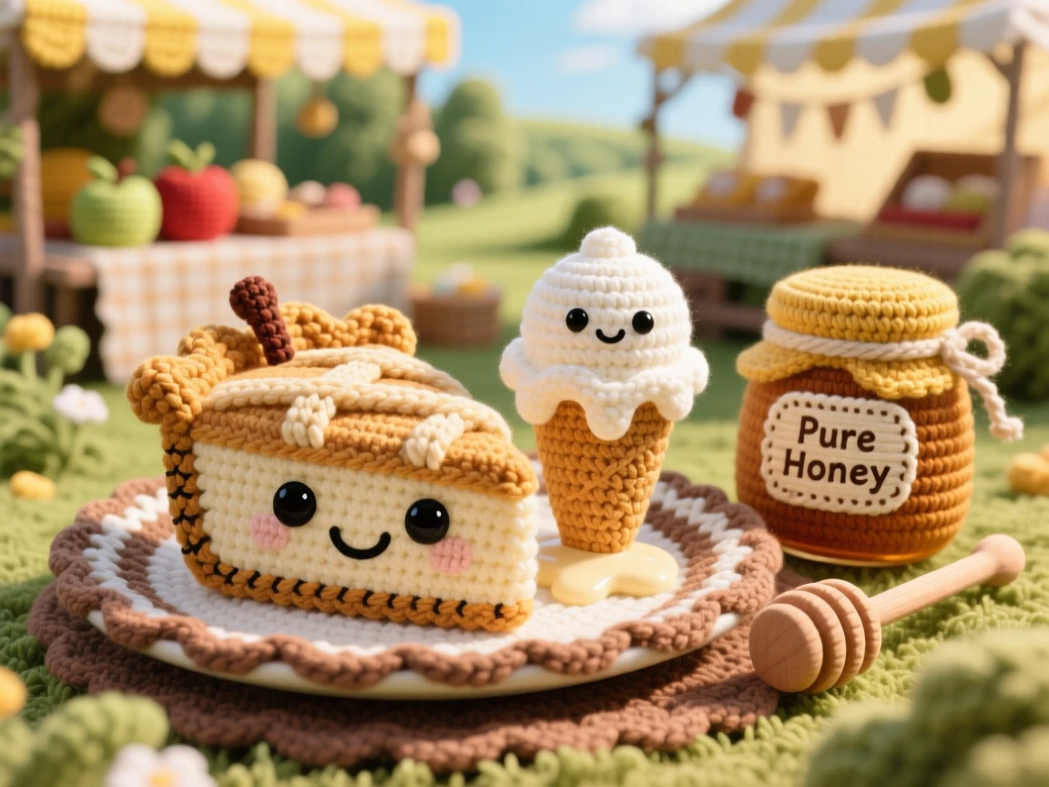 A delightful still-life of a happy slice of apple pie with a scoop of vanilla ice cream melting beside it, served warm on a rustic plate within a sunny outdoor farmer's market stall; a small jar of honey with a wooden dipper nearby, full of bright, appetizing cheerfulness.