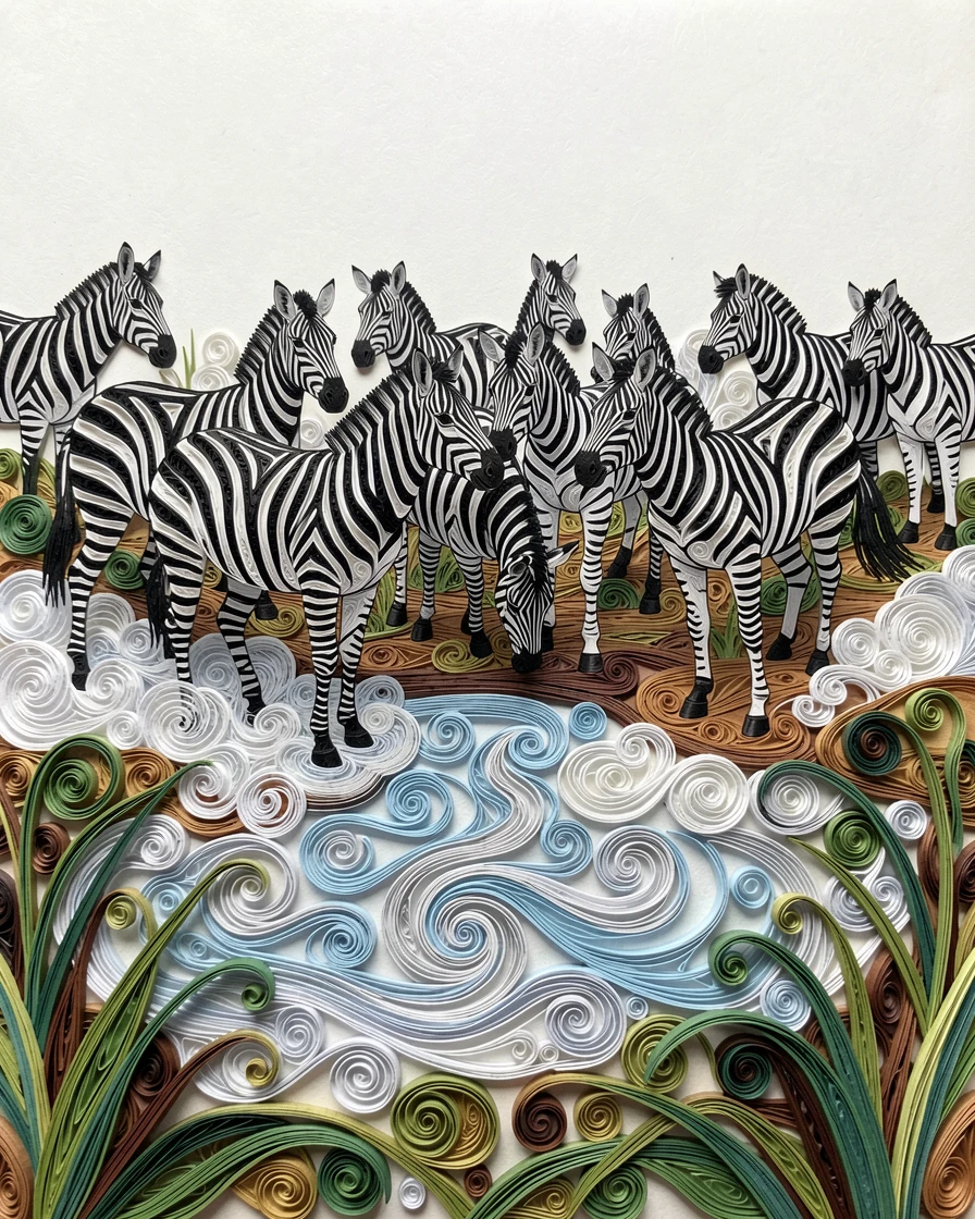 A striking wildlife scene of a herd of zebras gathered at a watering hole surrounded by softly rippling water, with mist rolling low across the ground, shot from a low, powerful ground-level angle.