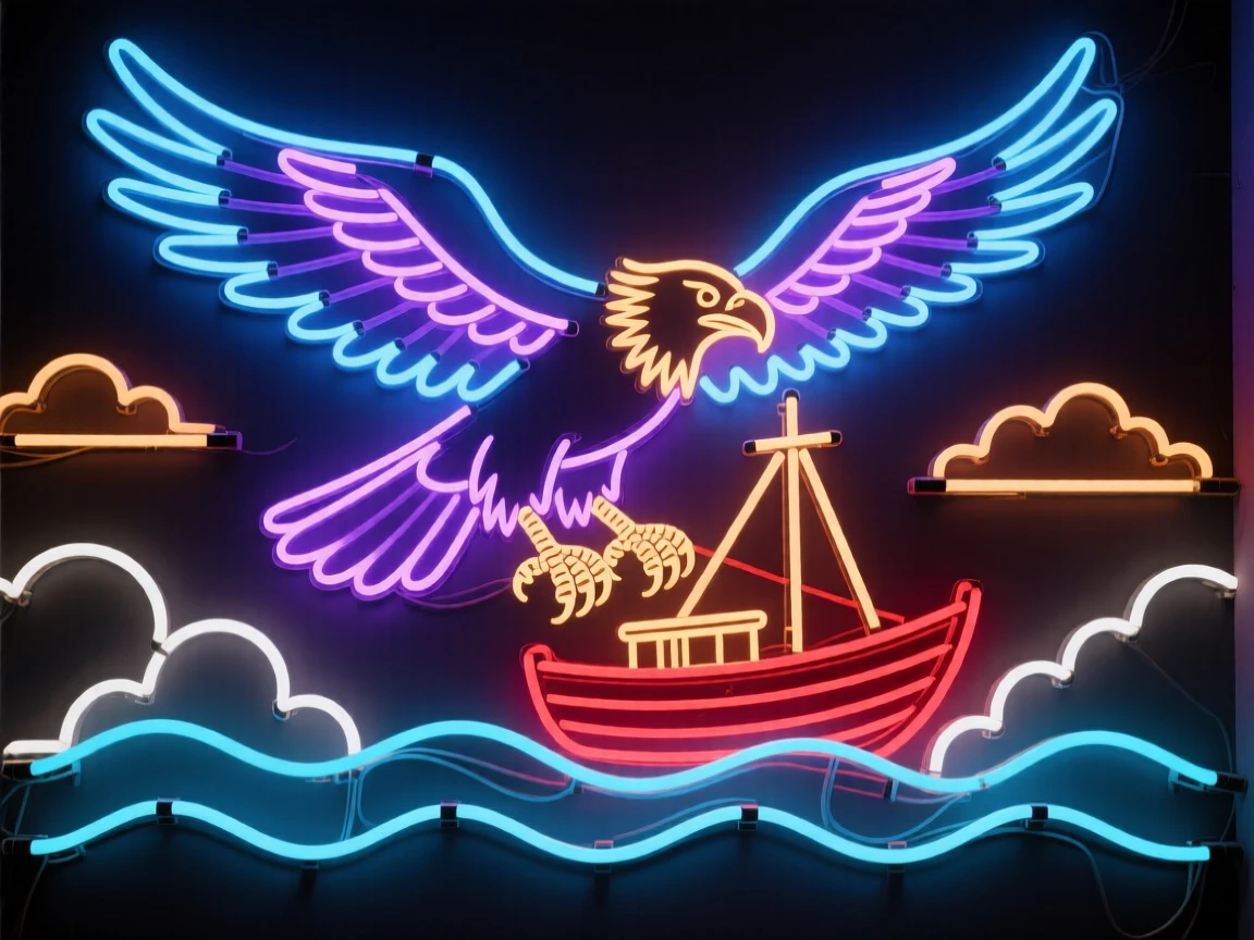 A roc carrying a small boat in its enormous talons above the clouds.
