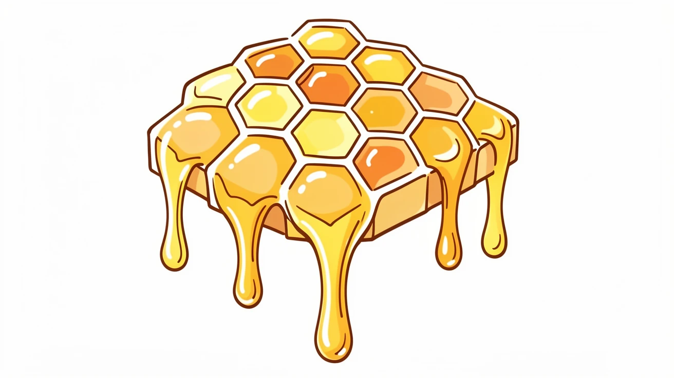 A close-up of a honeycomb dripping with golden honey.