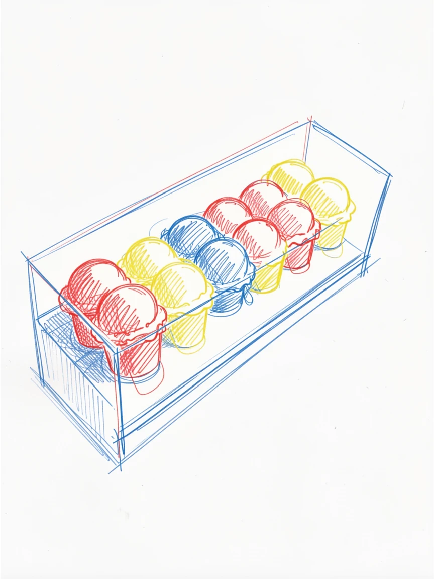 A row of colorful gelato scoops in a glass display case