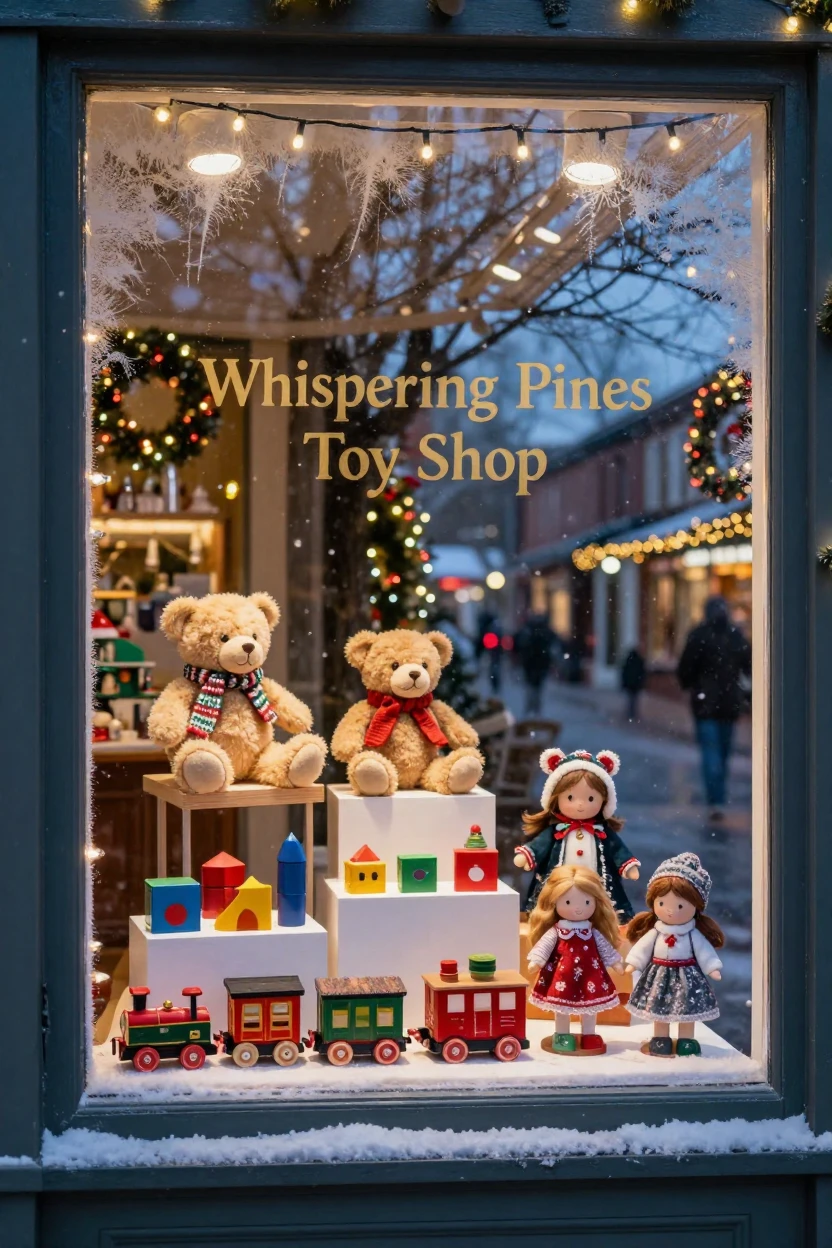 A toy store window display glowing during the holiday season