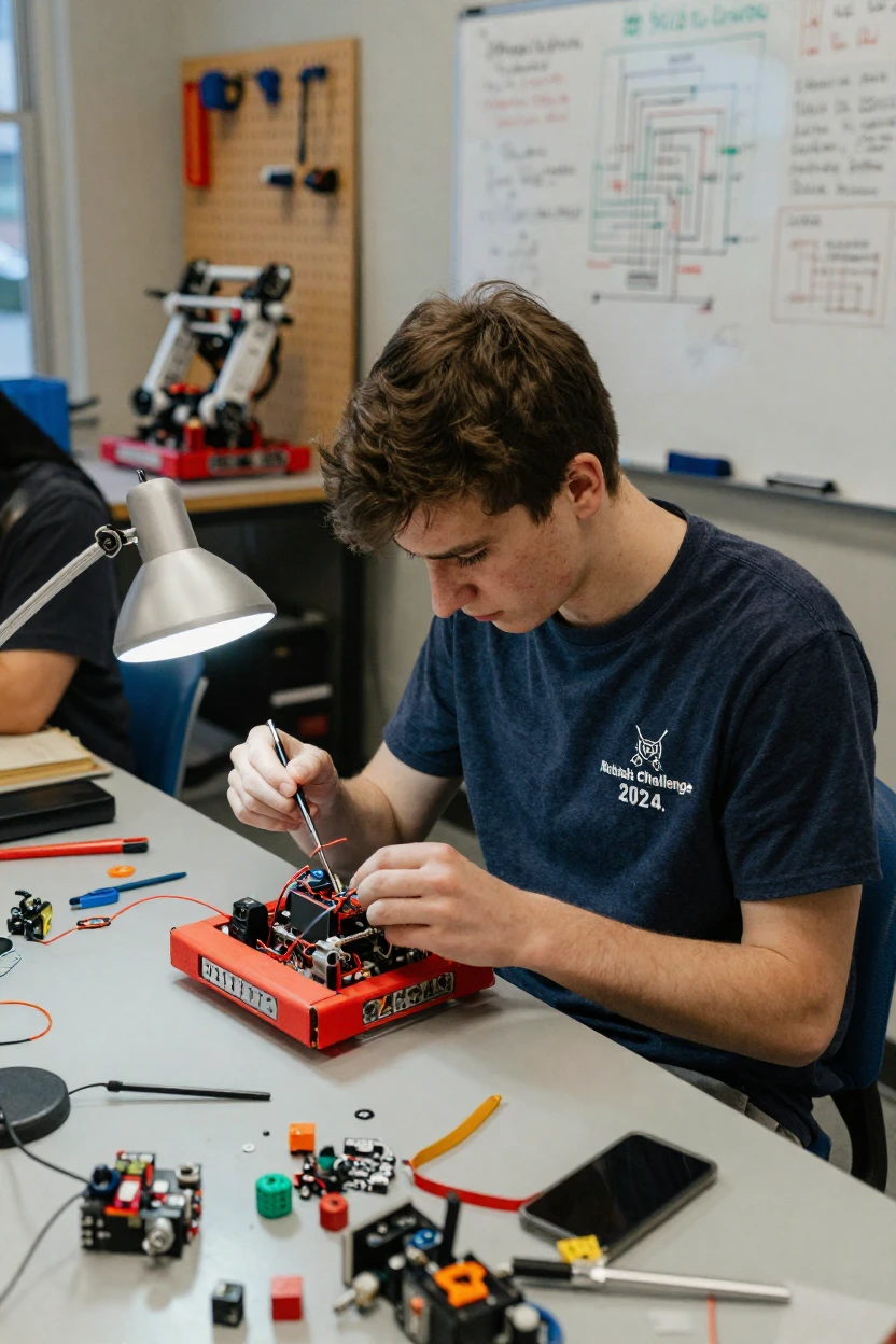 A robotics student solders a final connection before a competition deadline.