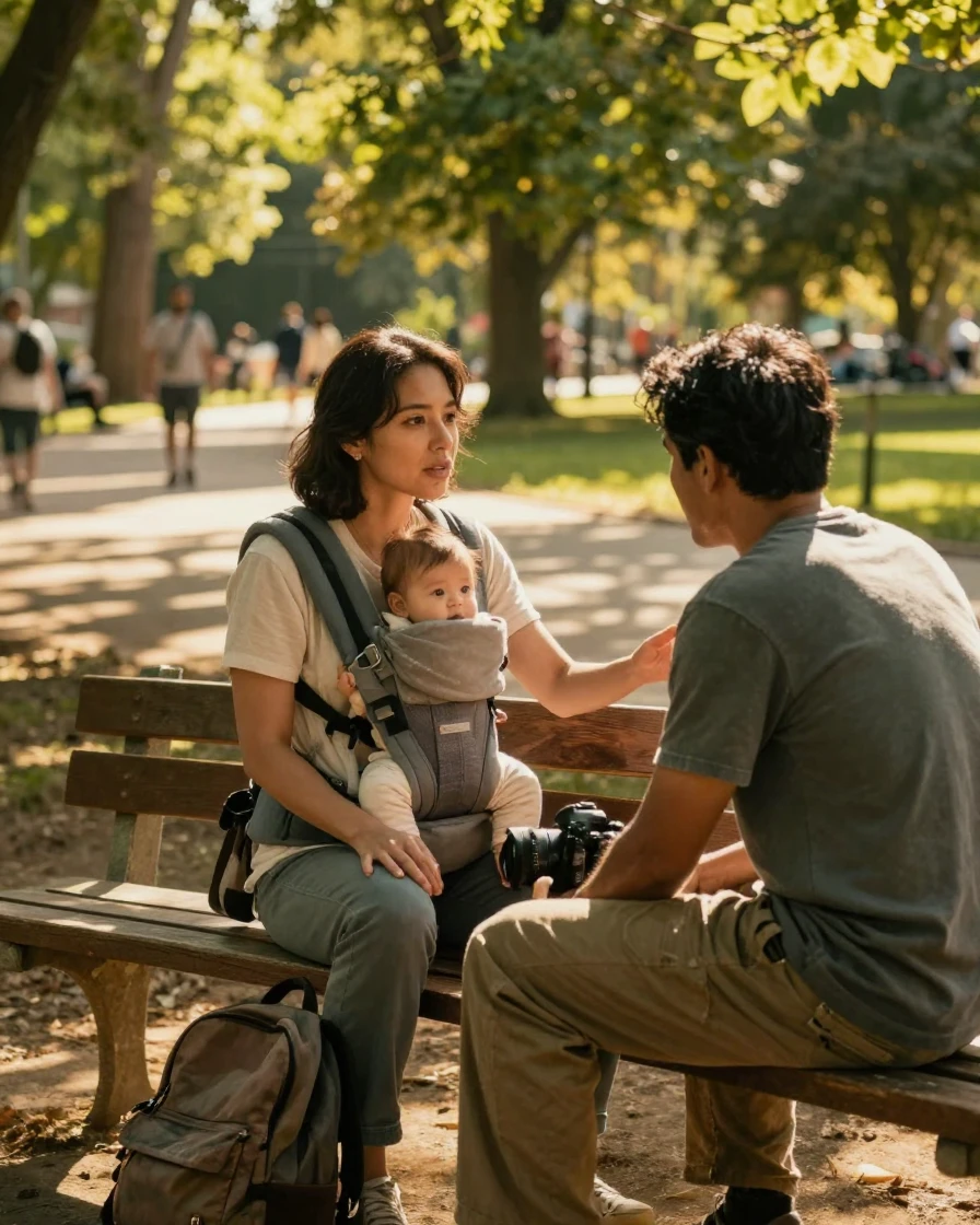 A new parent reaching out to help someone in need on a sunlit park bench