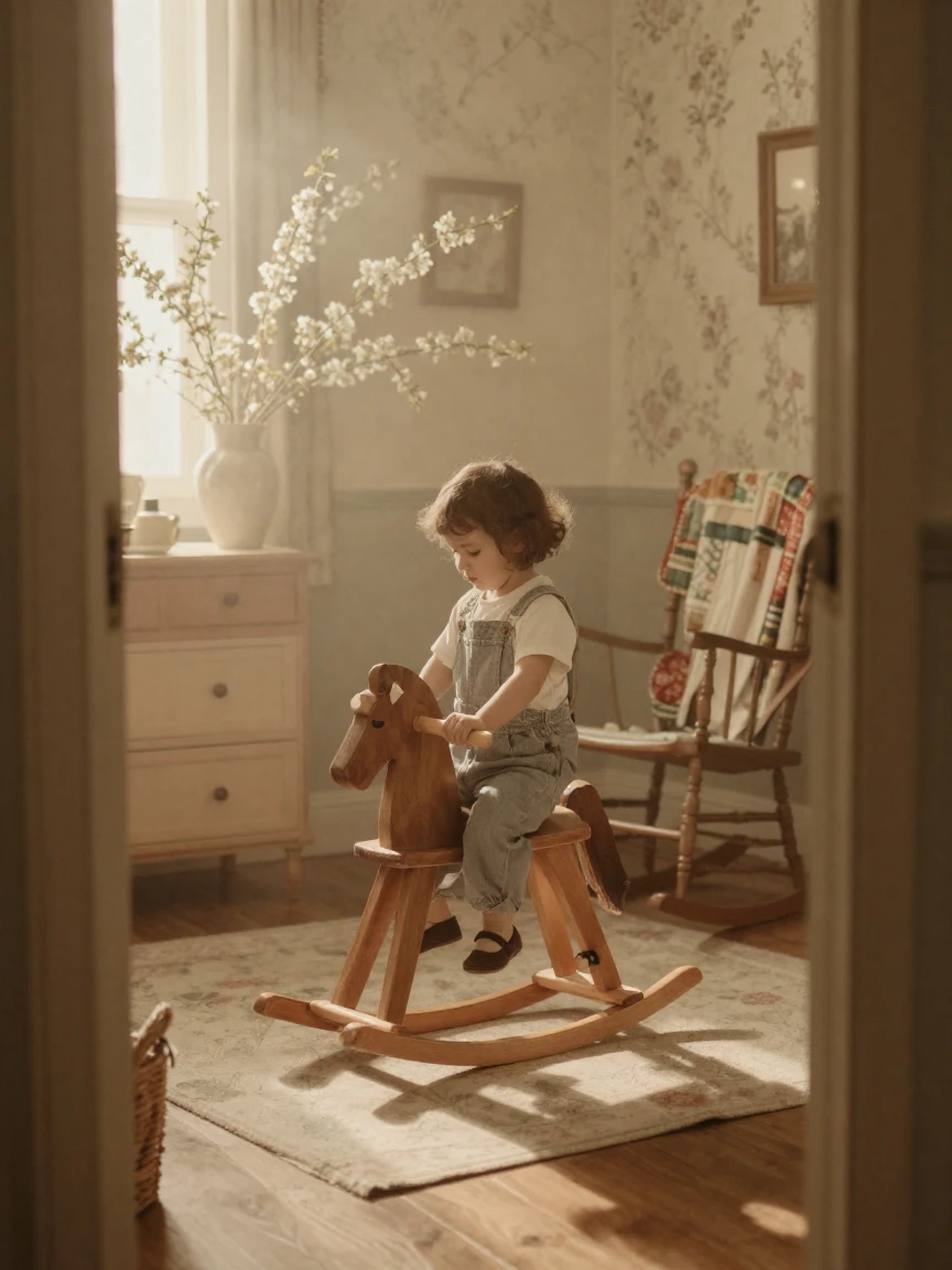 A child riding a wooden rocking horse in a sunlit nursery, under soft golden-hour light, in thick rolling fog, as spring blossoms unfurl, with a soft sepia-tinted glow, framed through an open doorway.