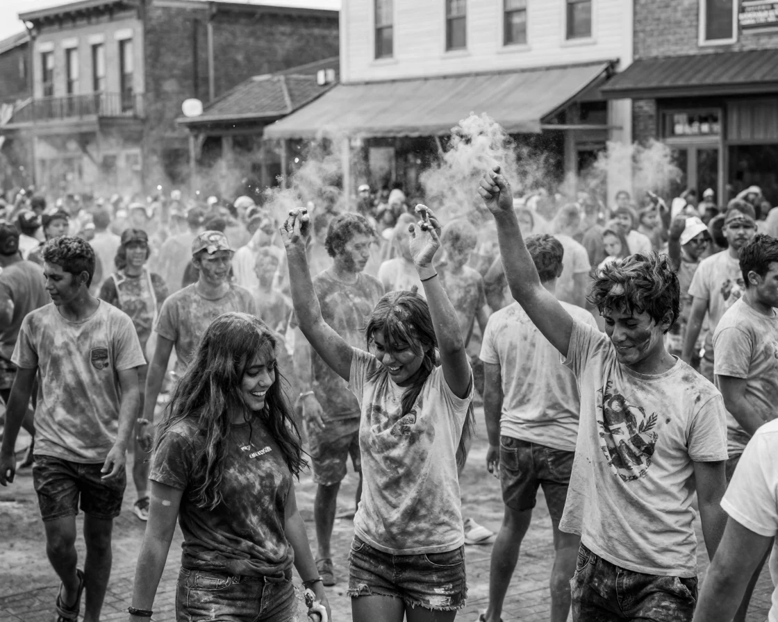 Revelers covered in colored powder throw handfuls of bright pigment in a crowded town square.