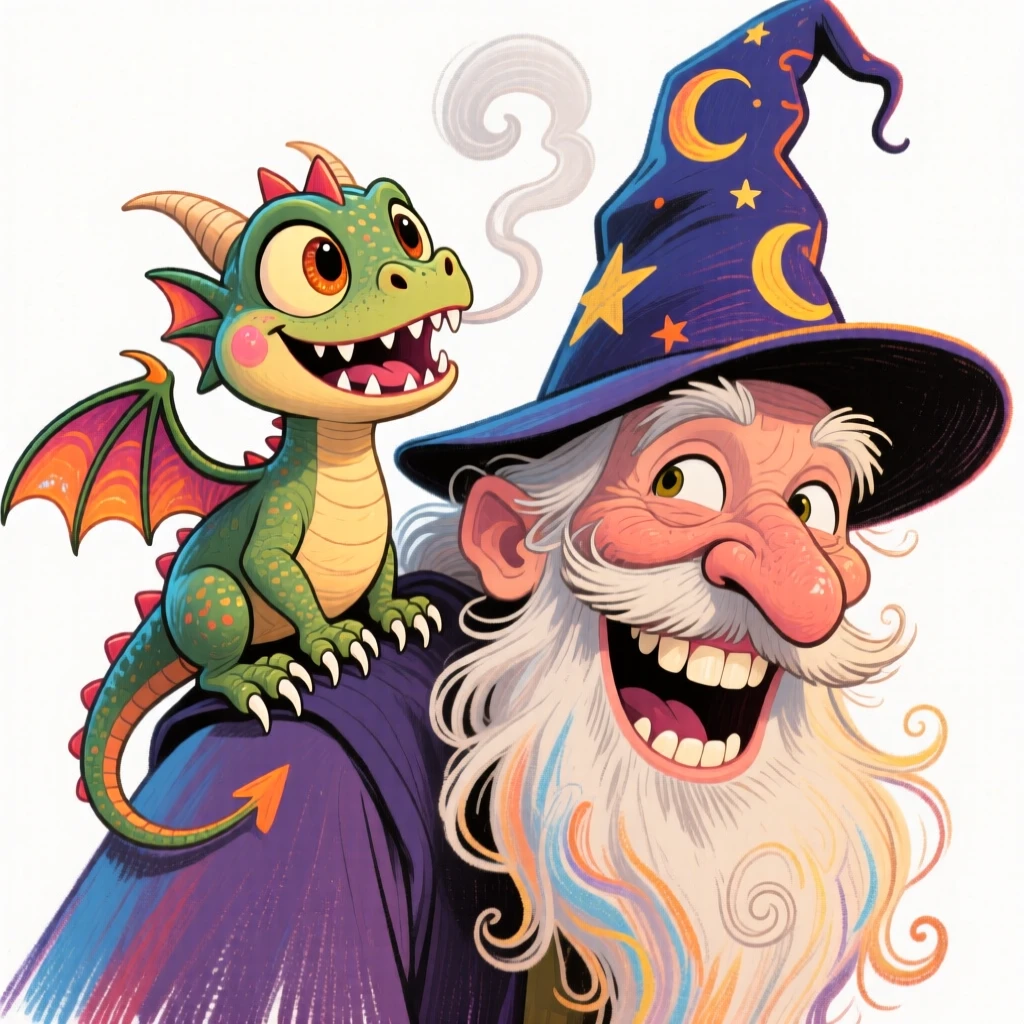 A tiny dragon hatchling perched on a wizard's shoulder, puffing tiny smoke rings.
