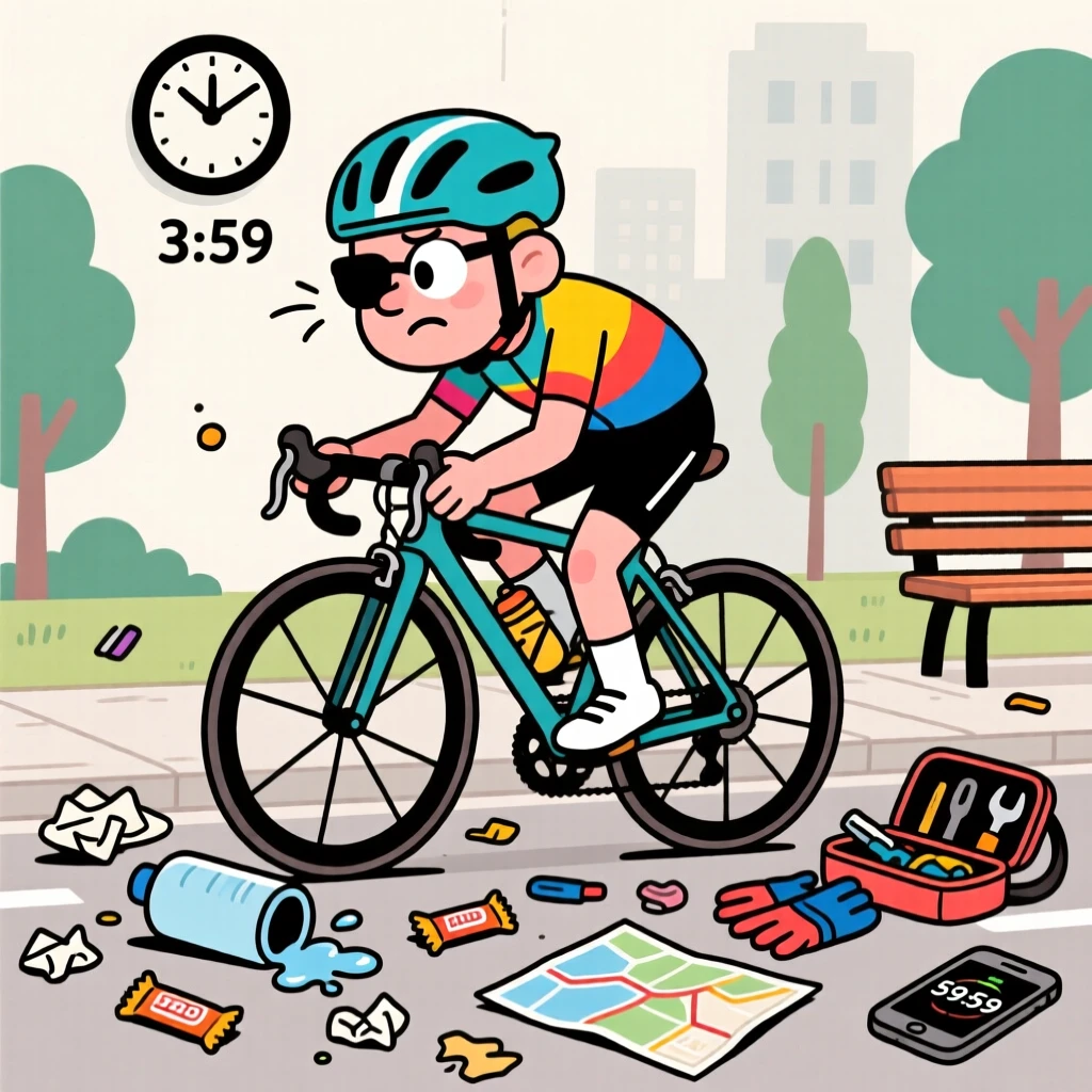 An everyday-life snapshot of an avid cyclist, losing track of time deep in concentration, surrounded by a delightful mess of supplies.