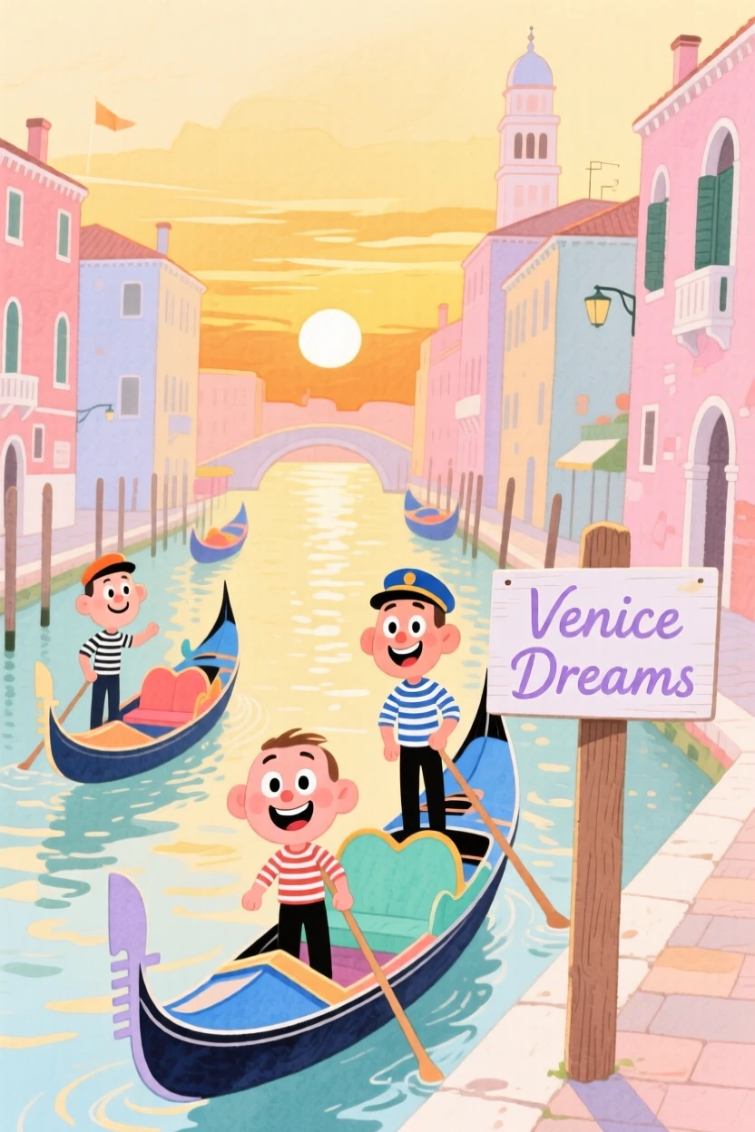 A dreamy travel postcard scene of the canals of Venice lined with colorful gondolas at golden sunset