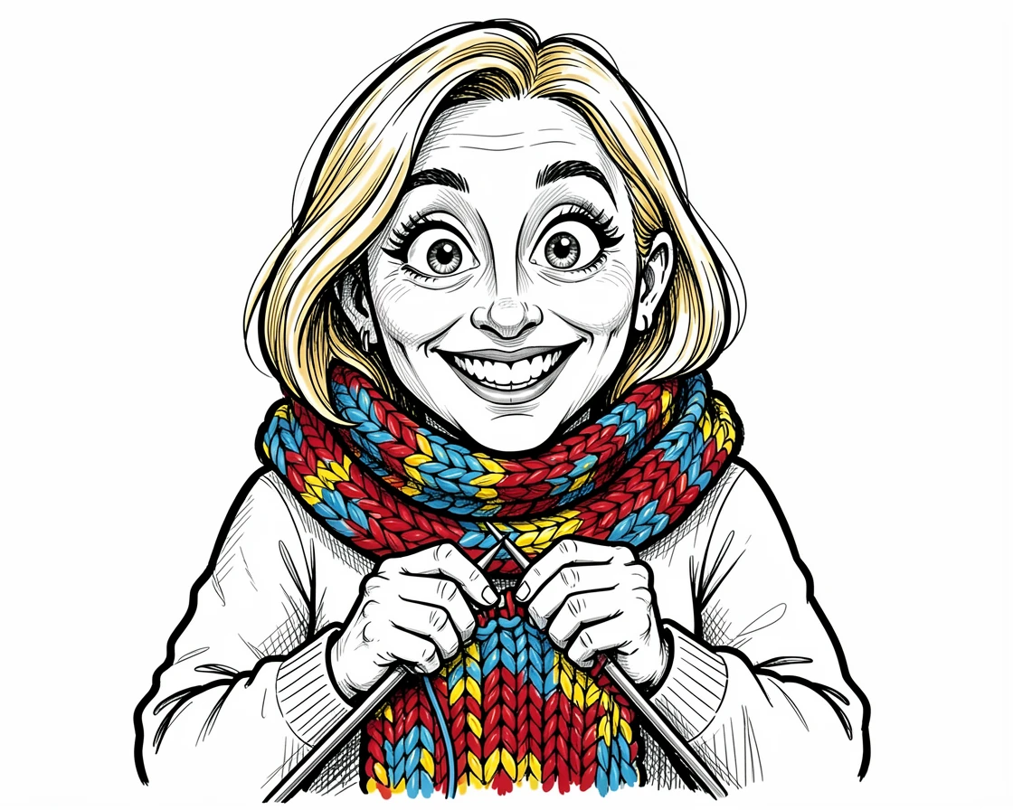 [Trending & Universal Topics] Modern lifestyle scene of a knitting enthusiast wrapped in a colorful handmade scarf, capturing everyday joy