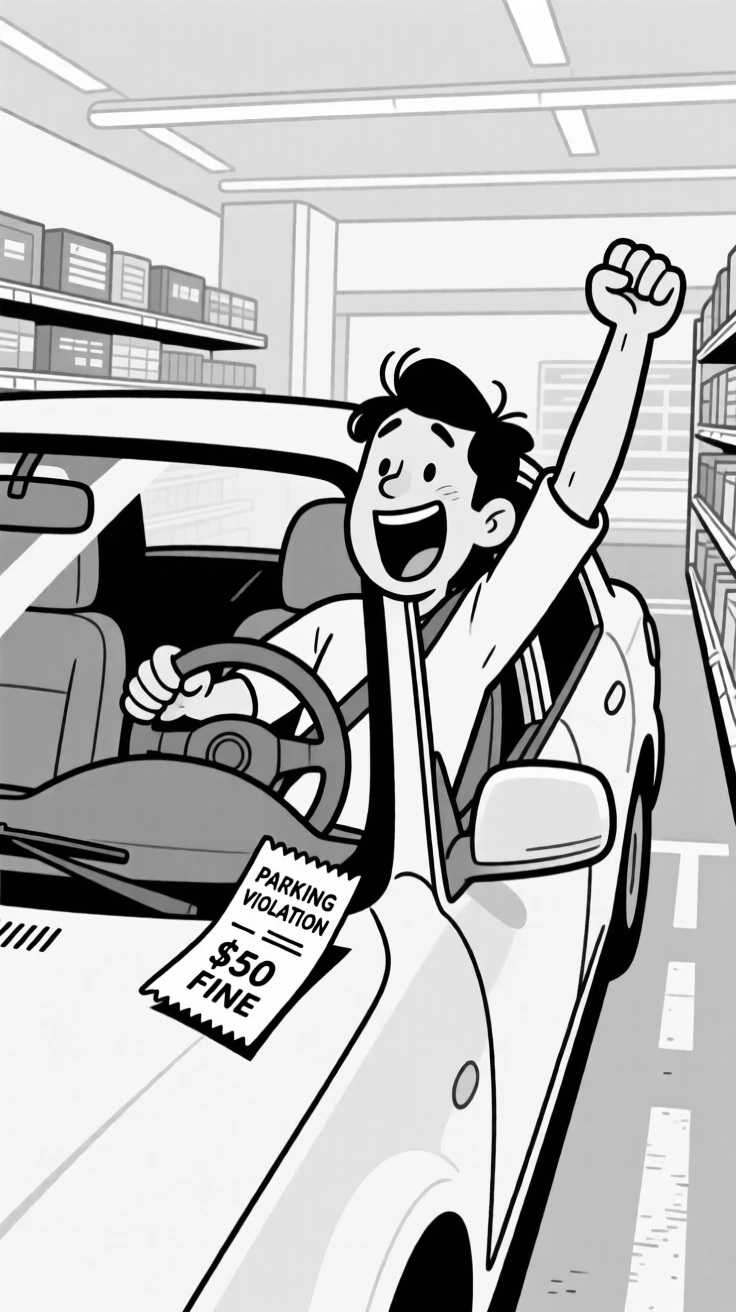 A person doing an exaggerated victory dance over parking spot, cranking the wheel back and forth for the tenth time, set in a supermarket aisle. A parking ticket flutters ominously under a wiper. It feels like a meme come to life, equal parts cringe and charm.