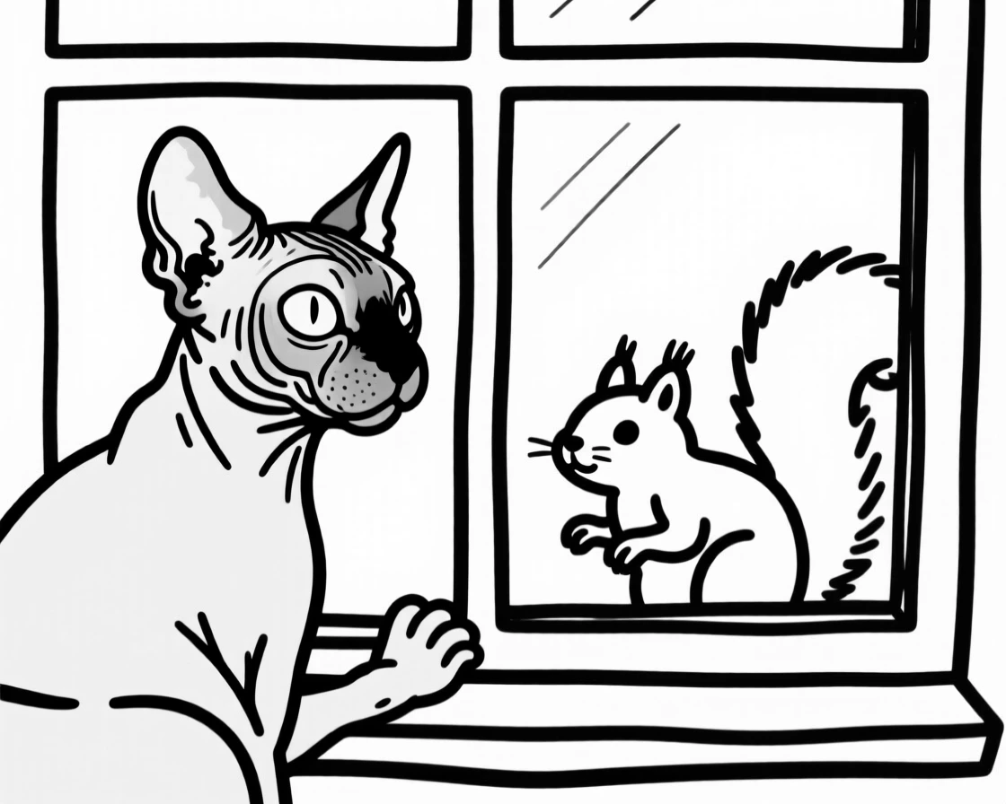 A sphynx cat watching a squirrel through a window, paws pressed to the glass.