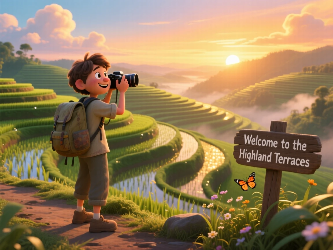 A lone traveler with a worn backpack stands overlooking a terraced rice field at sunrise, snapping a photo of the breathtaking landscape. A warm sense of gratitude and wanderlust colors the moment, with warm golden light washing over everything.