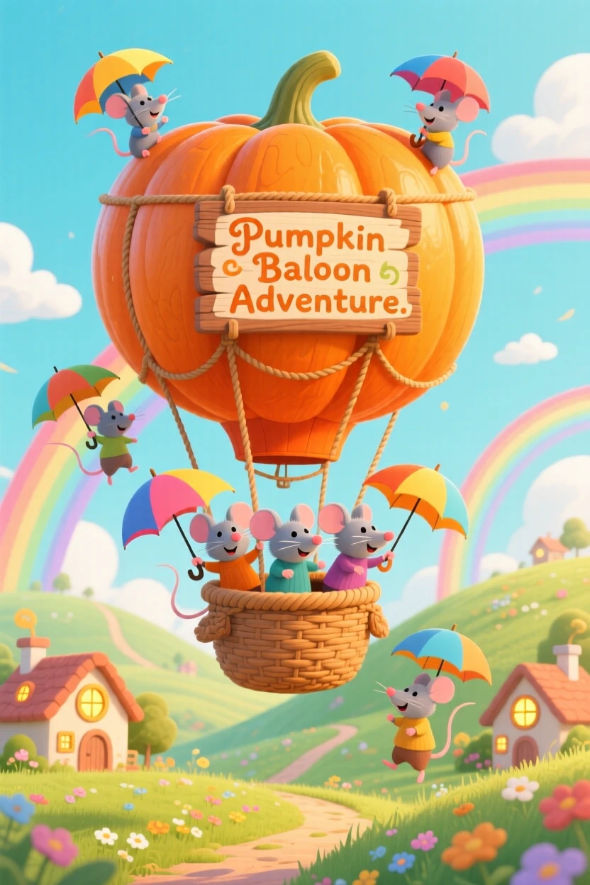 A group of umbrella-riding mice is steering a hot air balloon shaped like a pumpkin in a land where every path is a rainbow, while a warm glow radiates from every window.