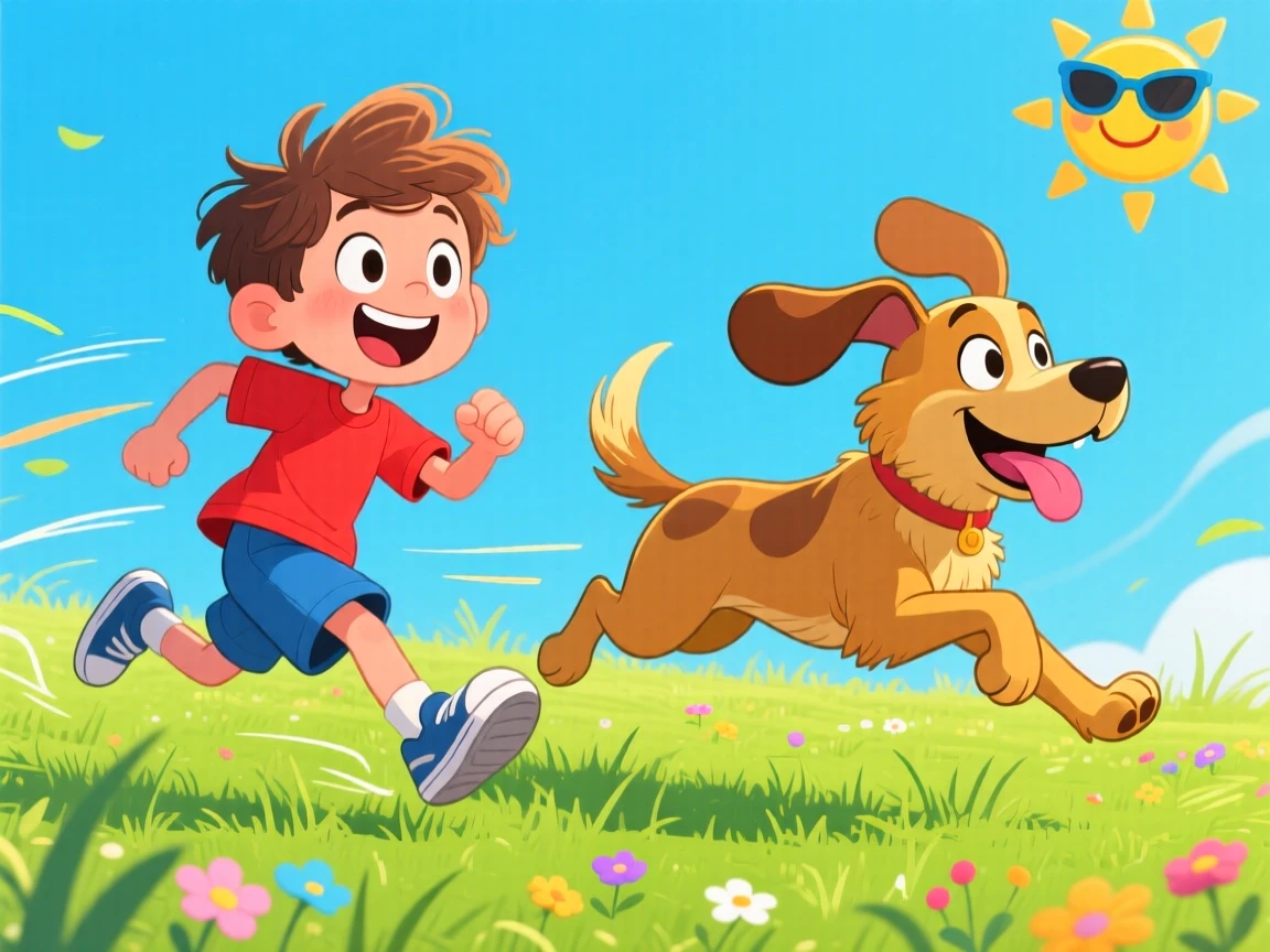 A boy and his dog racing each other across a grassy field.
