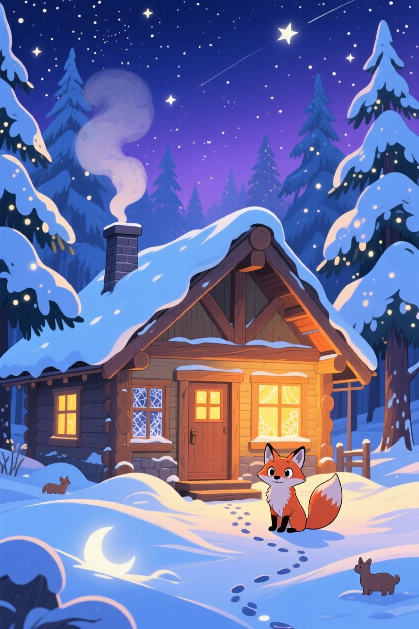A nighttime scene of a snow-covered cabin glowing warmly against the night sky, peacefully luminous.