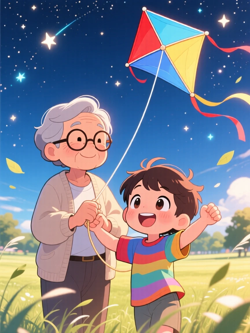 Grandparent and grandchild flying a kite together, framed as a waist-up portrait within a breezy open park, during a light summer breeze, glowing under sparkling starlight, evoking bubbly enthusiasm.