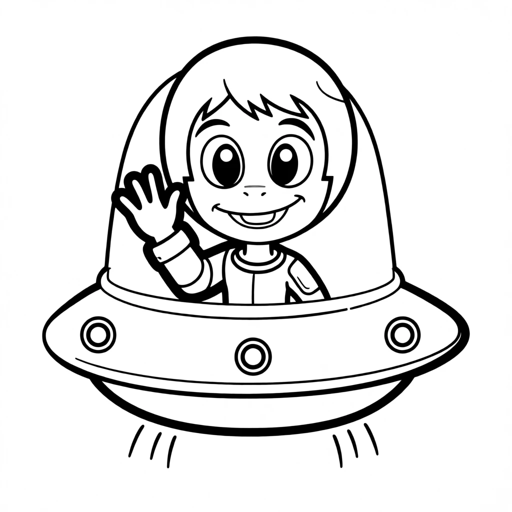 A friendly alien waving from a small flying saucer