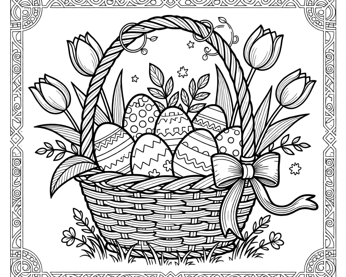 A springtime Easter basket filled with painted eggs and tulips.