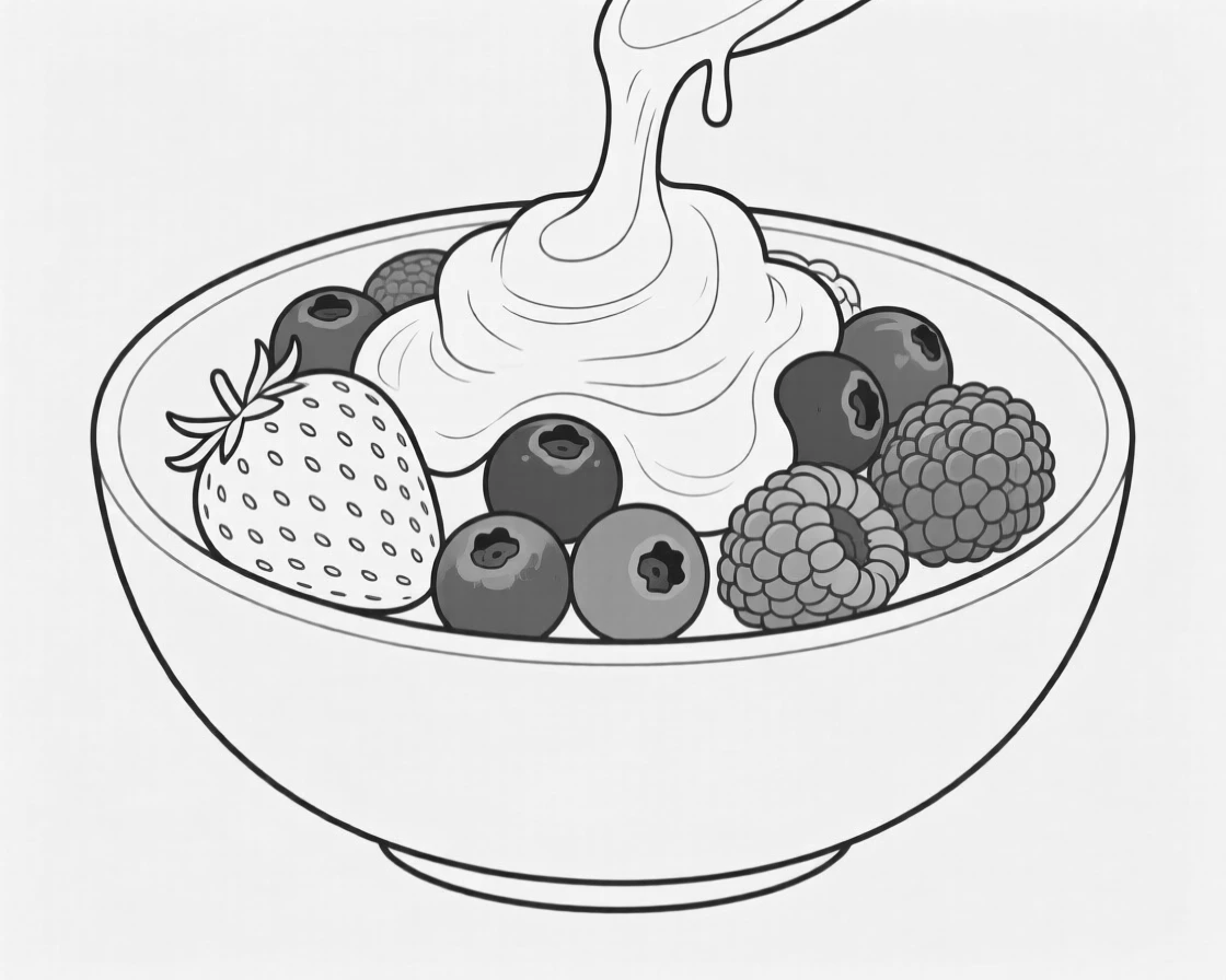 A bowl of berries with cream drizzled over the top