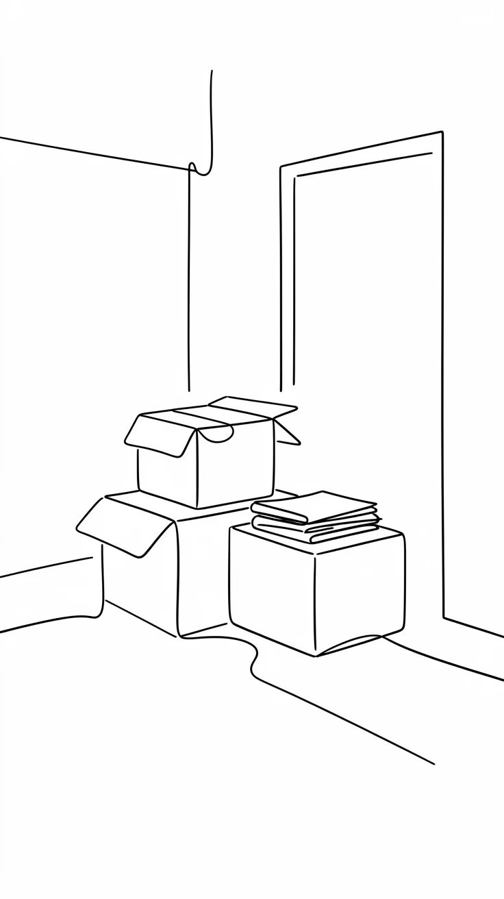 A stack of moving boxes beside a half-unpacked new apartment