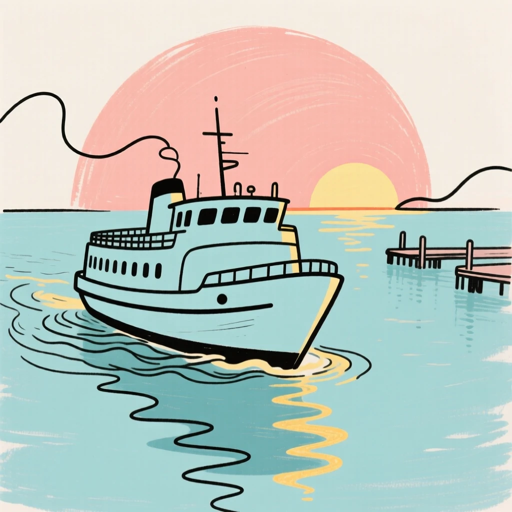 A ferry crossing a harbor at sunset