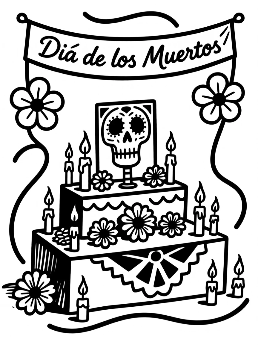 A traditional Mexican Day of the Dead altar decorated with marigolds and candles.