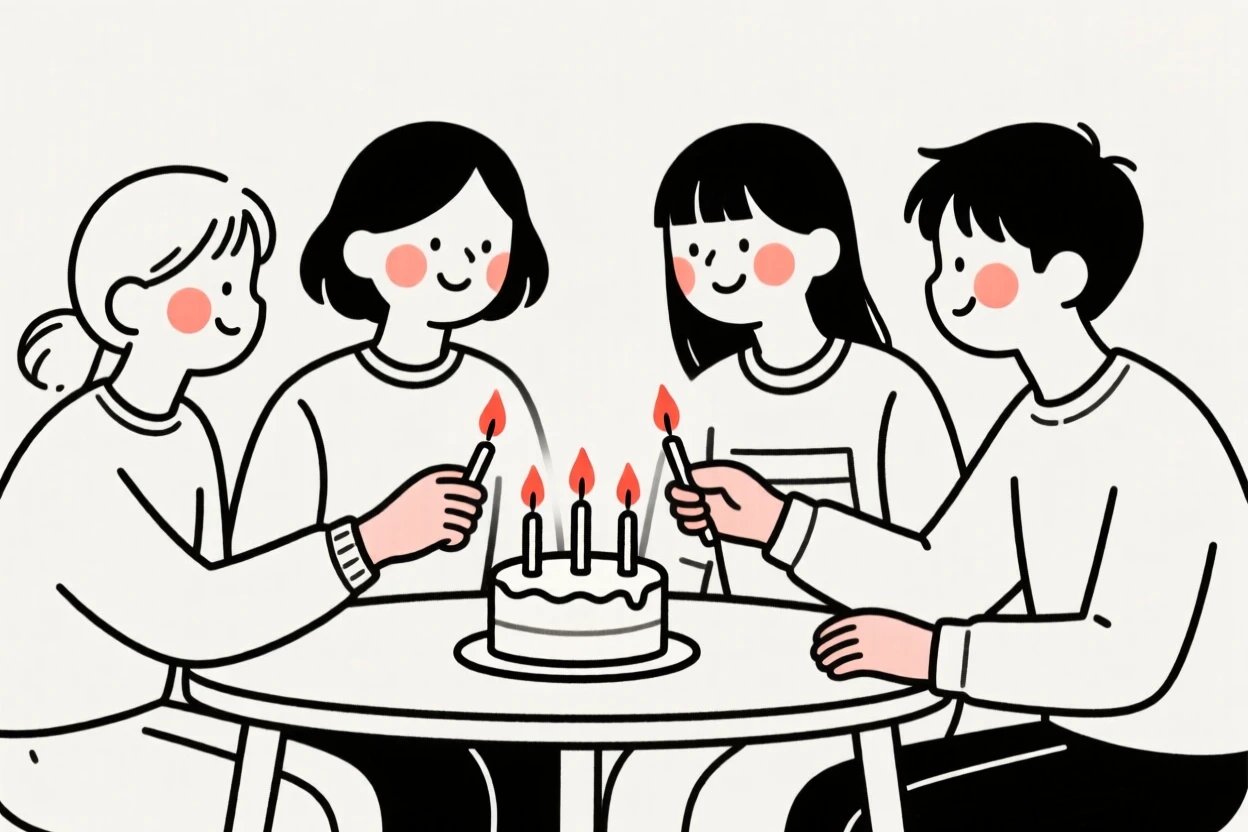 A group of friends lighting candles for a quiet celebration.