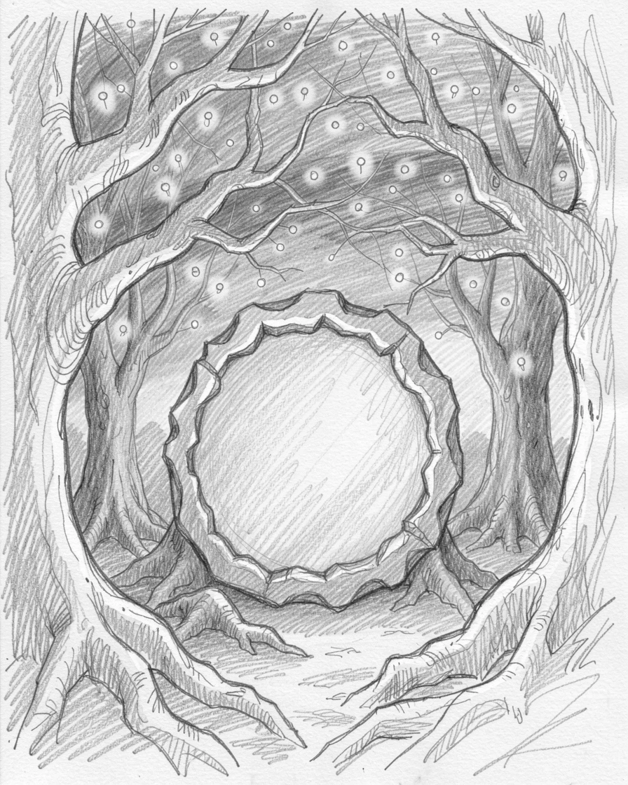 A portal opening in the middle of an ancient forest, beneath branches strung with fireflies, with the horizon ablaze in impossible colors.