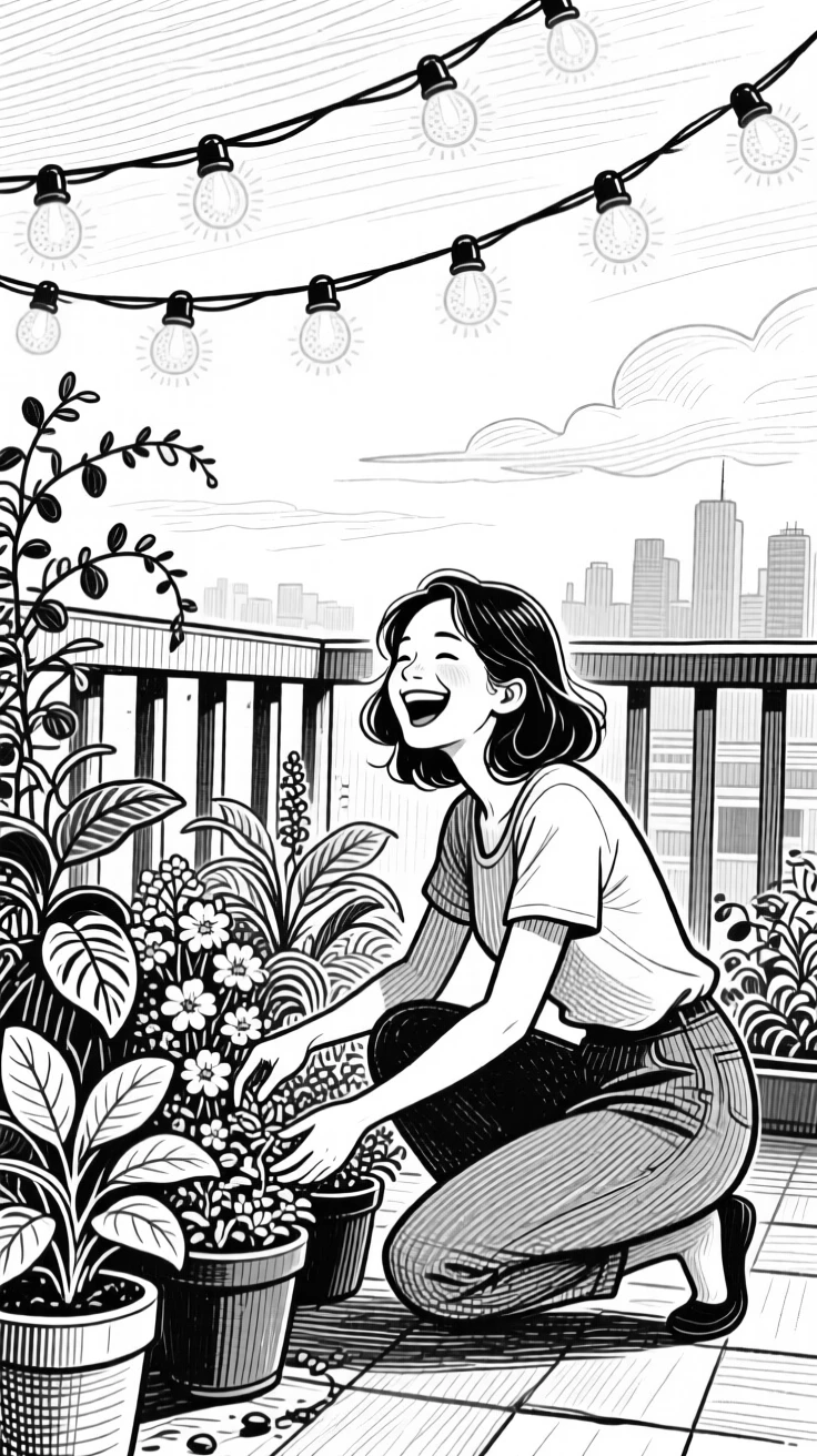 A woman tending her rooftop garden beneath the glow of string lights, with genuine laughter caught mid-moment, creating a warm and heartfelt lifestyle scene.