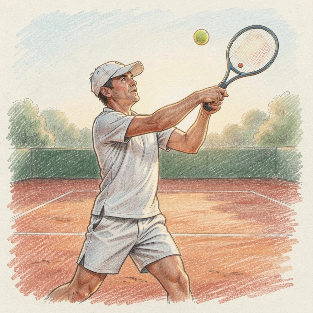 A tennis player mid-serve on a sunlit clay court, bathed in the warm glow of golden-hour light, perfect for anyone drawn to gentle, heartfelt imagery.
