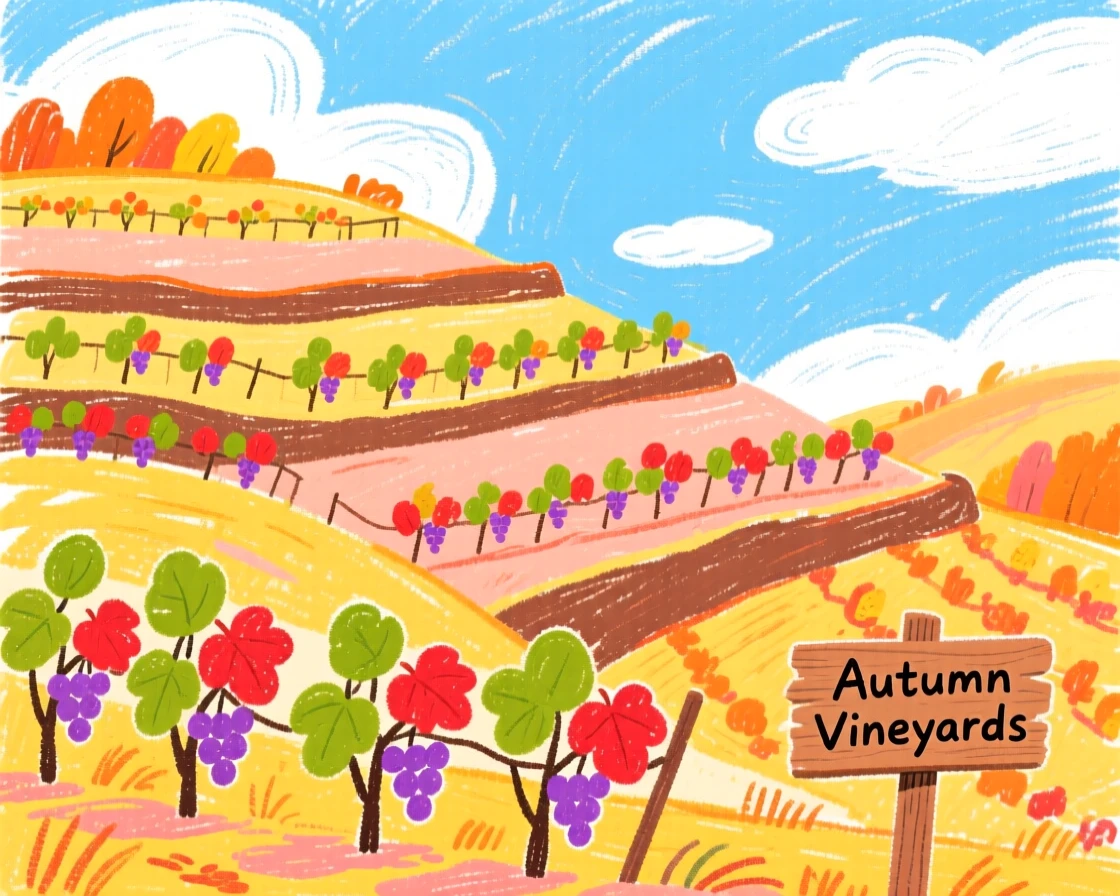 Terraced vineyards climbing a sunlit hillside in autumn.