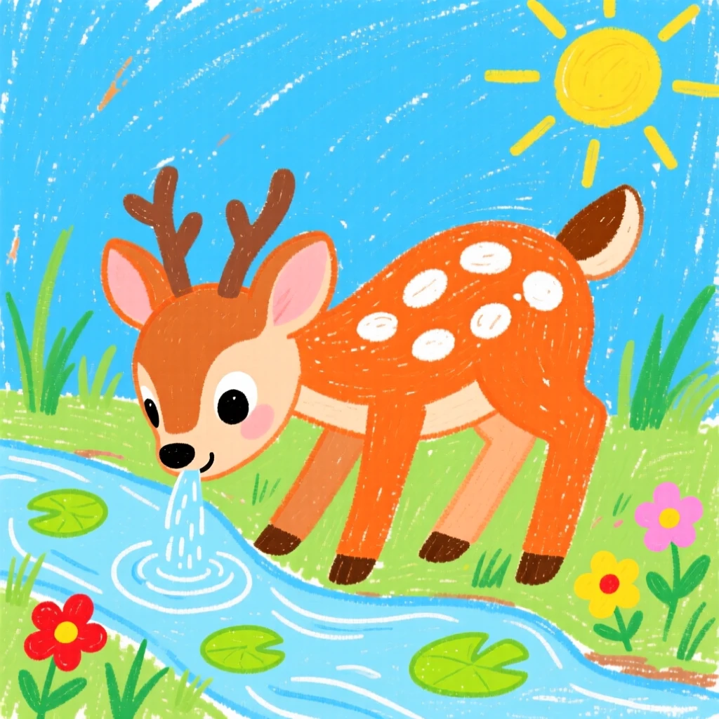 A spotted fawn drinking from a small crystal-clear stream.