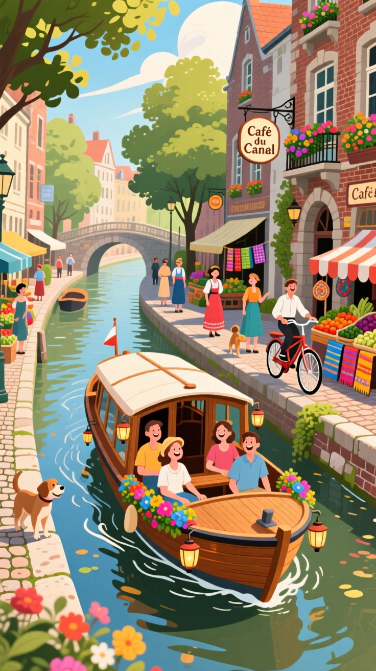 A traditional canal boat cruising through a historic city, surrounded by vibrant local color and charm, framed to highlight the destination's unique character, with a joyful, adventurous atmosphere.