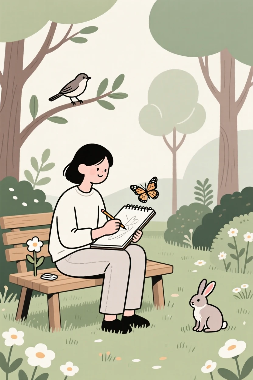 A person sketching wildlife in a peaceful garden.