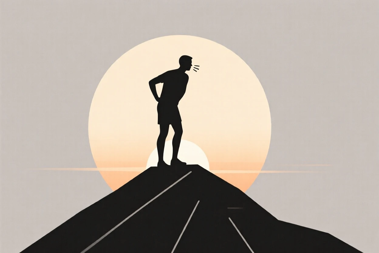 A quiet moment of calm reassurance as a runner catching their breath pauses in a mountain summit beside fading sunlight.