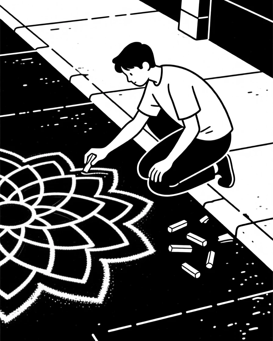 A street artist creating a chalk drawing on a sidewalk.