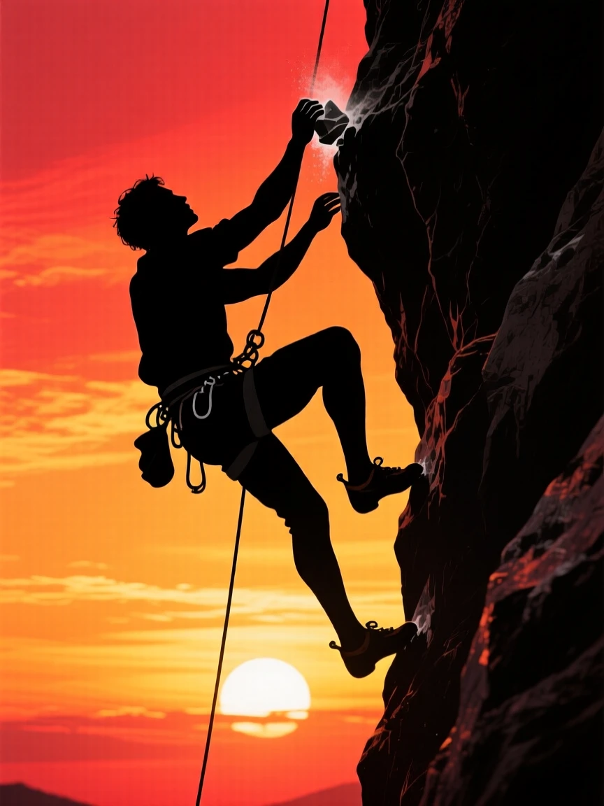 A rock climber pausing to chalk their hands mid-ascent on a sunlit cliff.