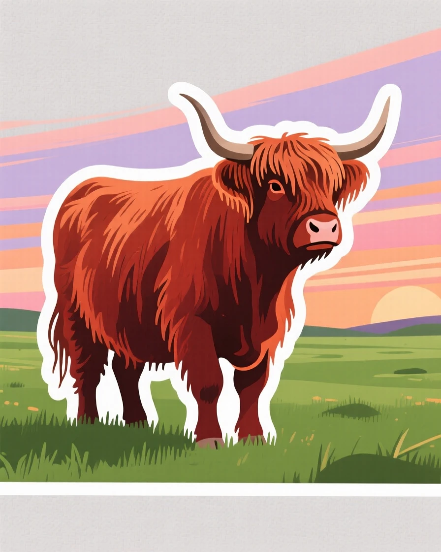 A charmingly authentic Scottish highland cow in a green pasture, under a sky streaked with warm colors, on a warm and welcoming afternoon.