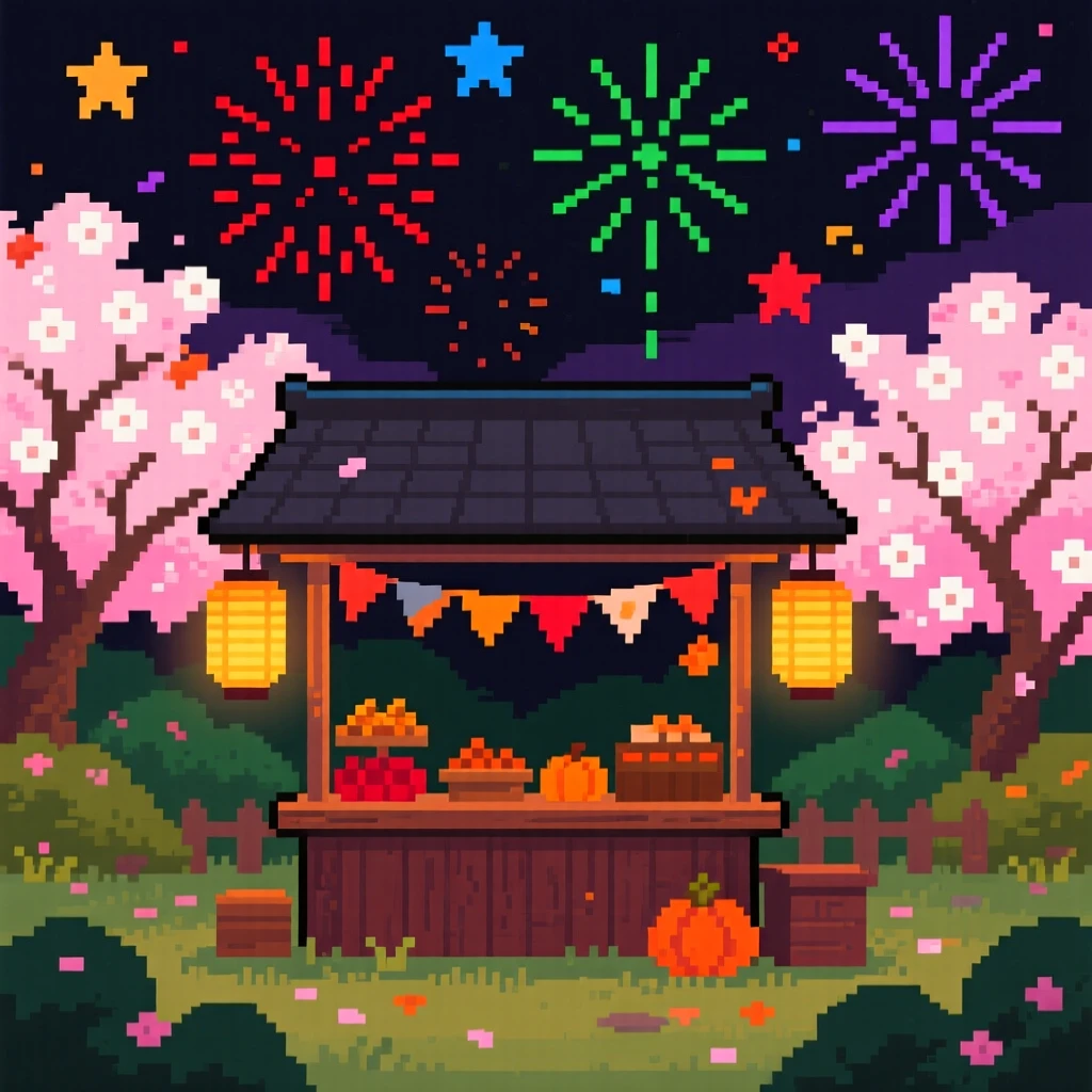 A lantern-lit autumn festival stall set against a sky full of fireworks, in a garden bursting with cherry blossoms.