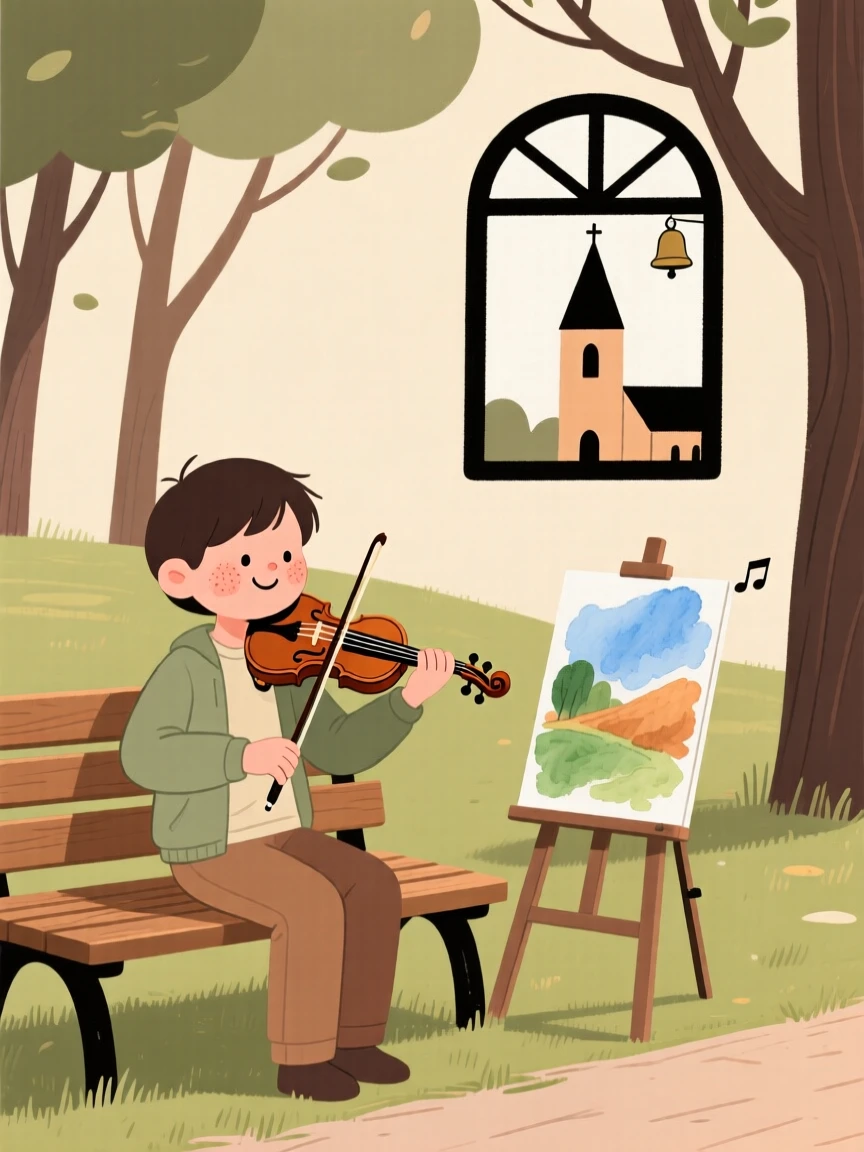 A young violinist sits on a park bench practicing a watercolor landscape, fully absorbed as distant church bells drifts through the open window.