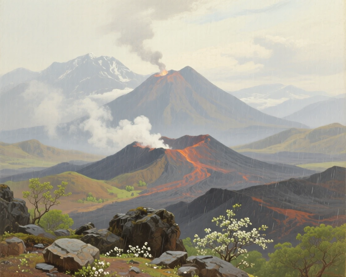 An expansive vista of a volcanic landscape with steam rising from distant peaks, in the Himalayas, in early spring, during a gentle spring shower.