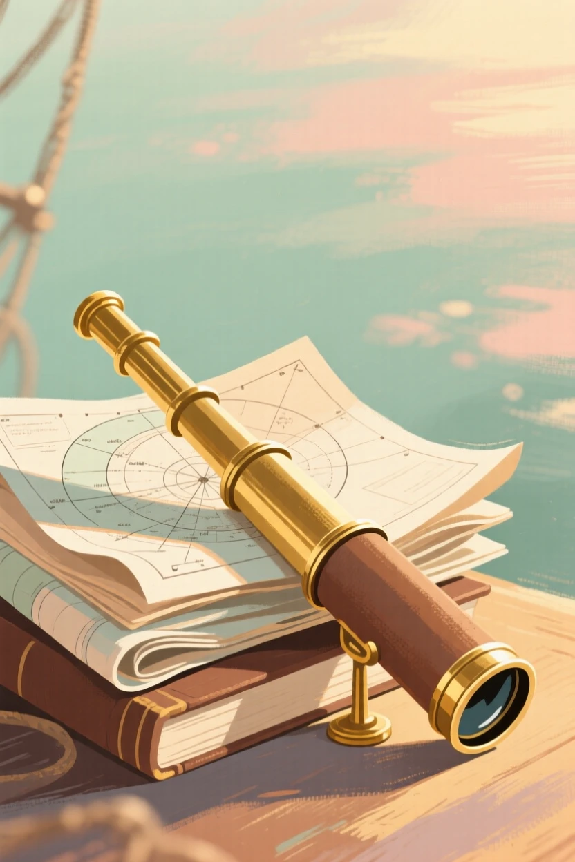 A brass telescope resting beside a stack of nautical charts