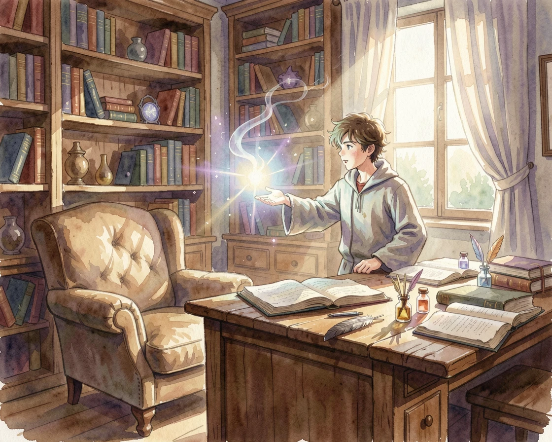 A young wizard's first spell lighting up a cozy study bathed in soft magical light.