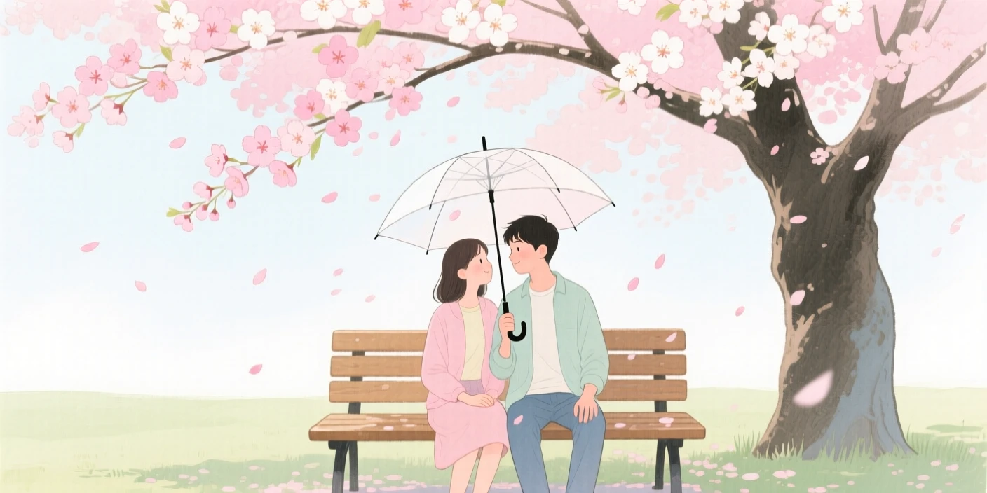 A couple sits together on a park bench beneath a blossoming cherry tree, sharing a single umbrella from falling petals